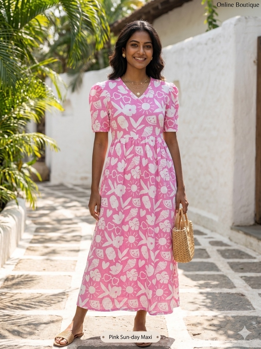 Pink Sun-Day Maxi Dress - Casual Floral V-Neck